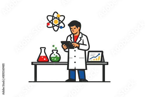 Scientist works in a lab with beakers, tablets, and a display of data showing scientific results during a research session