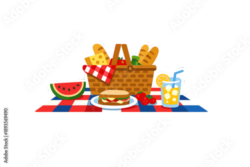 Picnic basket on a red and blue checkered blanket with food and drink during a sunny afternoon near a park