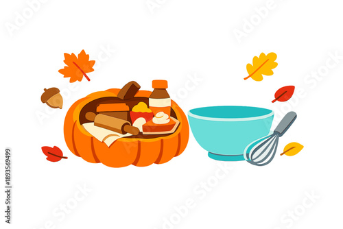 Cooking with autumn ingredients in a kitchen setting featuring a pumpkin and other items on a countertop during the fall season