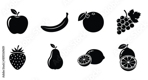Black and white illustration of various fruits arranged in a row