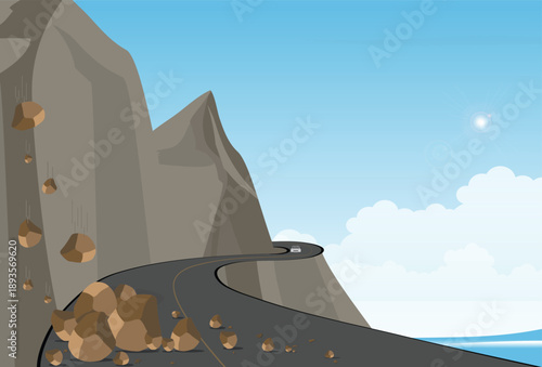 Winding mountain road along a cliff with fallen rocks on the road.