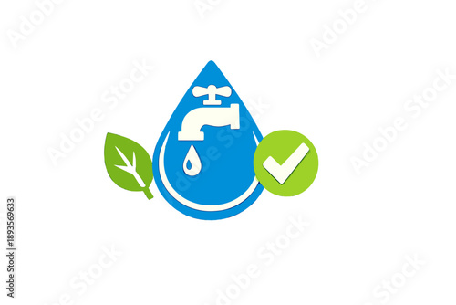 Graphic showing a water drop, faucet, leaf, and check mark representing water conservation and sustainability practices