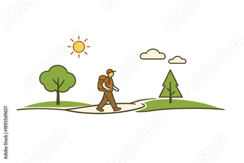 Hiker walks on a path in a green area under a sunny sky with trees and clouds