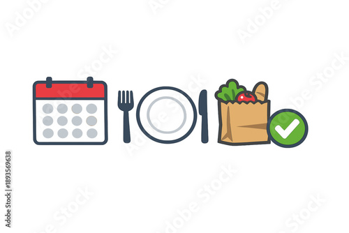 Planning meals for a week using a calendar, grocery bag, and dinner plate with utensils at home