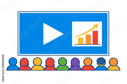 Group watches video presentation about business growth at a seminar in a conference room during afternoon hours