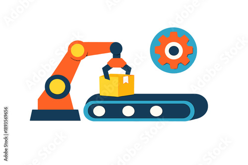 Robot arm moves a box on a conveyor belt in a factory setting during daylight hours to show automation in action