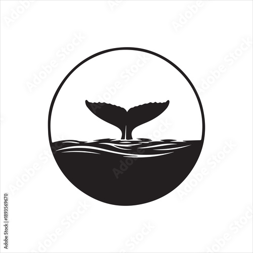  Silhouette whale tail above sea in black and white Vector illustration