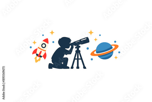 Child explores space using a telescope while a rocket and planet are nearby in a colorful scene