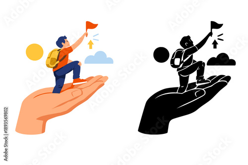 Person climbs a hand while holding a flag in a colorful scene representing support and goals in an abstract environment