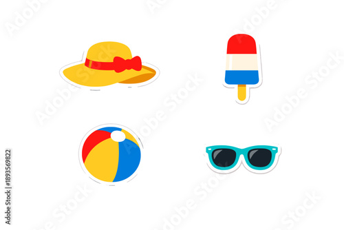 Fun summer items including a hat, a popsicle, a beach ball, and sunglasses arranged together in a group for warm weather activities