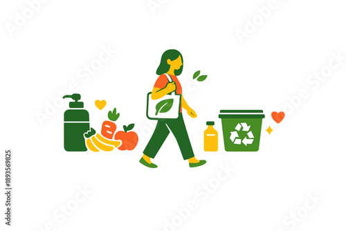 Walking with reusable bag and recycling bin in a city while carrying groceries and eco-friendly products during the day