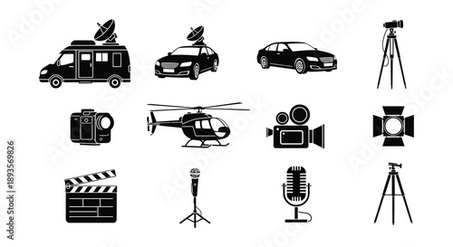 Black silhouettes of media equipment vehicles and a helicopter