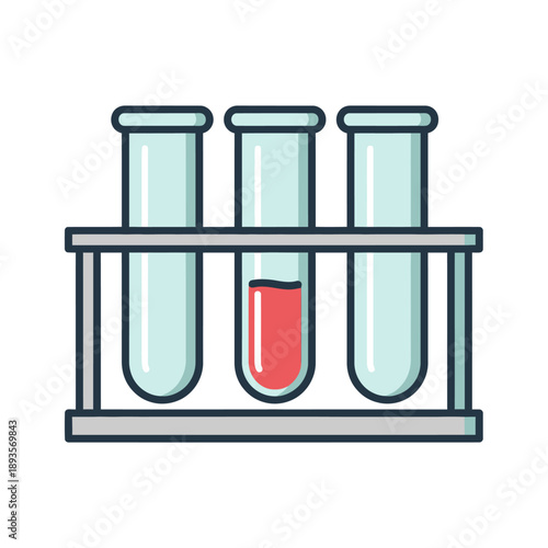 Laboratory science experiment with test tubes in a rack, focusing on a red liquid sample in a scientific environment