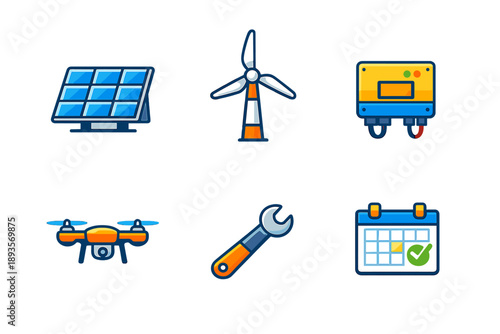 Icons representing renewable energy tools and technology including solar panels, wind turbines, and drones in a simple design layout