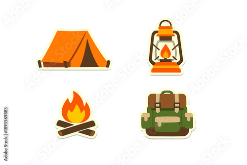 Camping items shown with a tent, lantern, campfire, and backpack on a white background for outdoor adventure theme