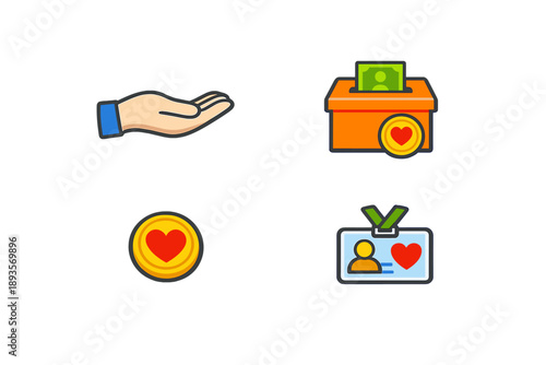 Hand offering help, donation box, heart token, and ID badge in a simple design showing community support and kindness in a creative layout