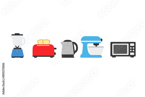 Kitchen appliances show variety of tools used for food preparation and cooking in a home setting with a simple design and bright colors