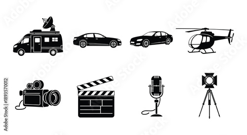 Black silhouettes of media equipment vehicles and a helicopter