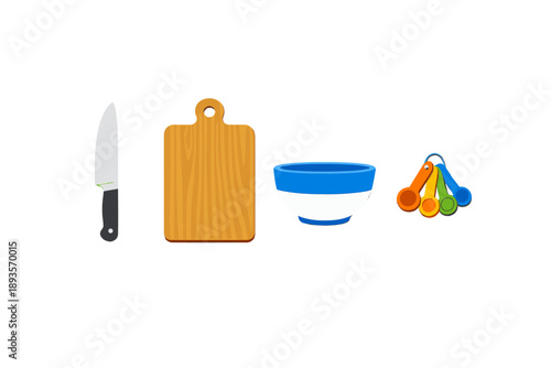 Kitchen tools lay on a table including a knife, cutting board, bowl, and measuring cups in a bright and simple setting while preparing to cook