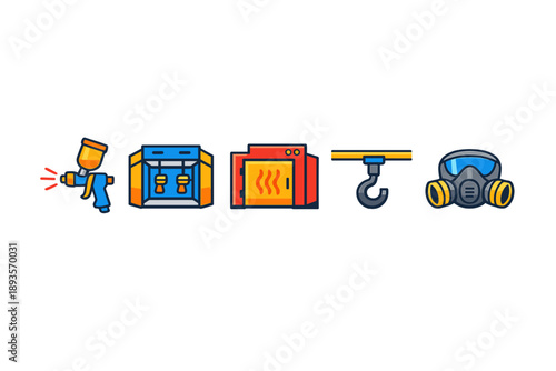 Various tools and equipment for industrial painting process displayed in a simple layout showing their purpose in production settings