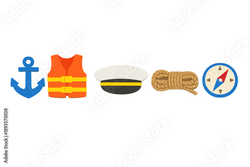 Collection of nautical items including an anchor, life vest, captain's hat, rope, and compass arranged in a straight line on a white background
