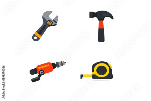 Different types of tools are shown on a flat surface, including a wrench, hammer, drill, and tape measure used for various tasks in construction or repairs