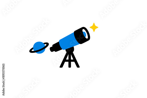 Telescope sits on a stand with a blue planet nearby and a star shining above during a clear night sky observation