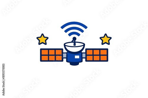 Satellite with antenna and wireless signals next to stars is sending data in outer space during the day