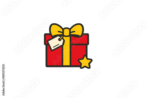 Red gift box with yellow bow and tag, placed on a simple white background, shows a festive item meant for celebrations or special occasions