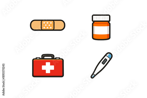Items used for basic medical care and health monitoring displayed on a plain background in a simple arrangement with no additional objects present