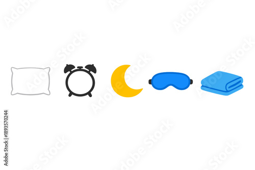 Sleep essentials include a pillow, alarm clock, moon symbol, sleep mask, and blanket all arranged in a simple line for bedtime