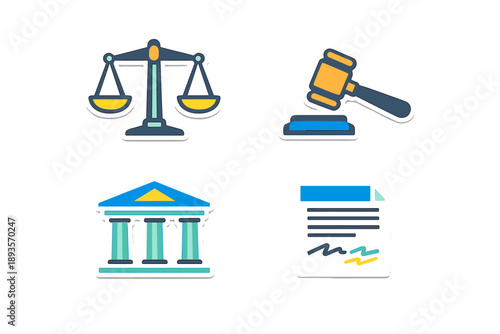 Legal symbols represent justice, law, and the role of courts and documents in the justice system