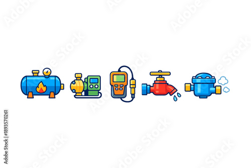 Different types of plumbing and water systems equipment seen in an industrial setting during daylight