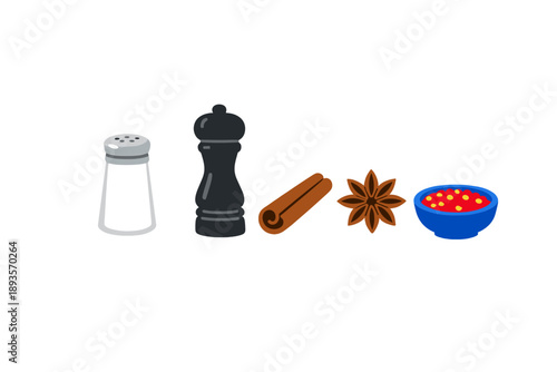 Different types of spices and seasonings are placed in a row against a plain background to show variety in flavors for cooking and baking