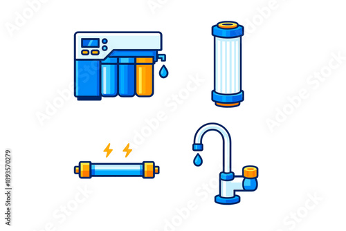 Water filtration system components shown with filter cartridges, faucet, and display panel for household use and maintenance tips