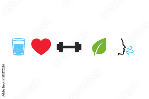 Symbols representing healthy lifestyle choices including hydration, exercise, nutrition, and breathing practices displayed on a simple background