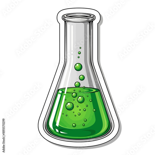 A science experiment conical flask with green liquid and bubbles inside viewed from the side
