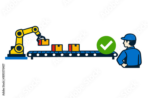 Robot arm sorts boxes on conveyor belt while worker monitors process in a factory setting during daytime