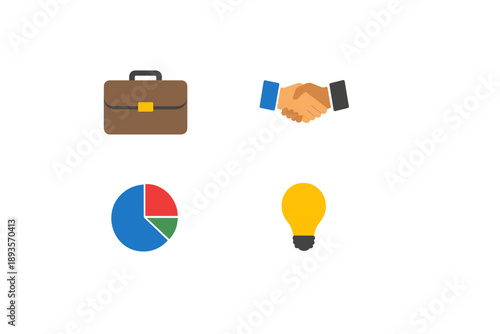Business concepts shown through simple icons representing work, agreement, analysis, and ideas