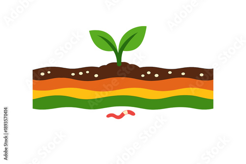 Soil shows layers with a sprout in the center and a worm below at a garden during springtime when plants begin to grow