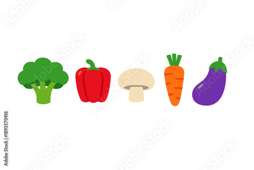 Colorful vegetables on a plain background showing broccoli, bell pepper, mushroom, carrot, and eggplant in simple design