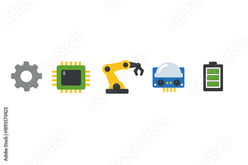 Icons of technology showing gear, microchip, robot arm, smart device, and battery charging in a simple layout during a tech conference presentation