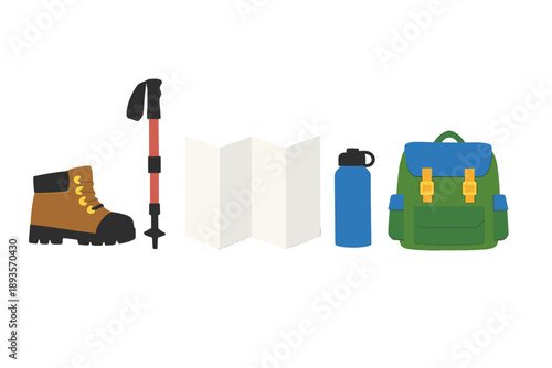 Hiking gear arranged with a boot, trekking pole, map, water bottle, and backpack on a white background for outdoor adventure planning