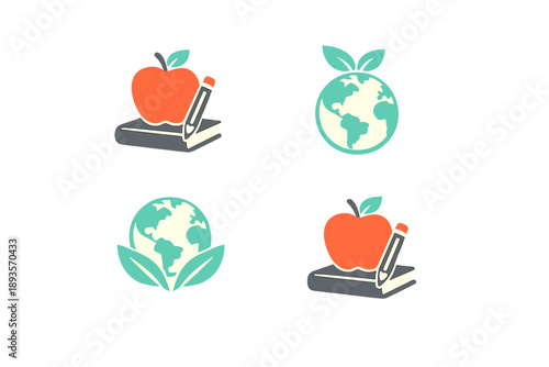 Icons showing learning with apple, globe, and pencil on books in a simple design