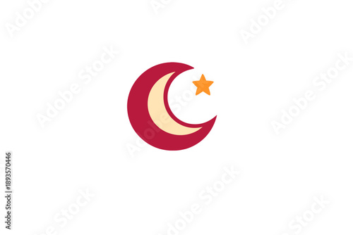 Symbol of a crescent moon and a star with a simple design on a white background, used often in various cultures and religions for representation and logos