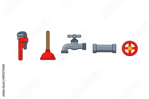 Collection of plumbing tools and fixtures including a wrench, plunger, tap, pipe, and valve for household repairs and maintenance