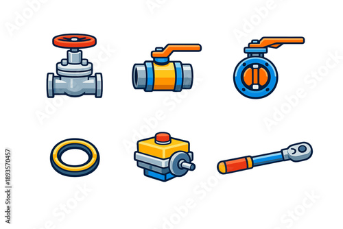 Different types of plumbing valves and accessories are shown on a plain background for tools used in water flow control in a plumbing system