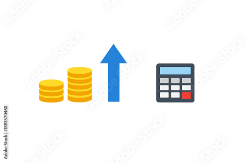 Graph shows rising coins next to an upward arrow and calculator to illustrate financial growth and budgeting in a simple design