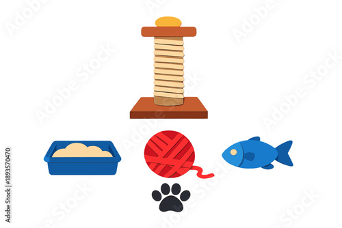 Cat play items including scratching post, litter box, yarn ball, fish toy, and paw print on white background