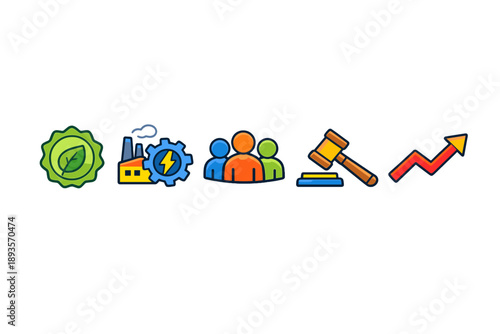 Discussion on sustainability, industry, community, law, and economic growth with icons representing each topic